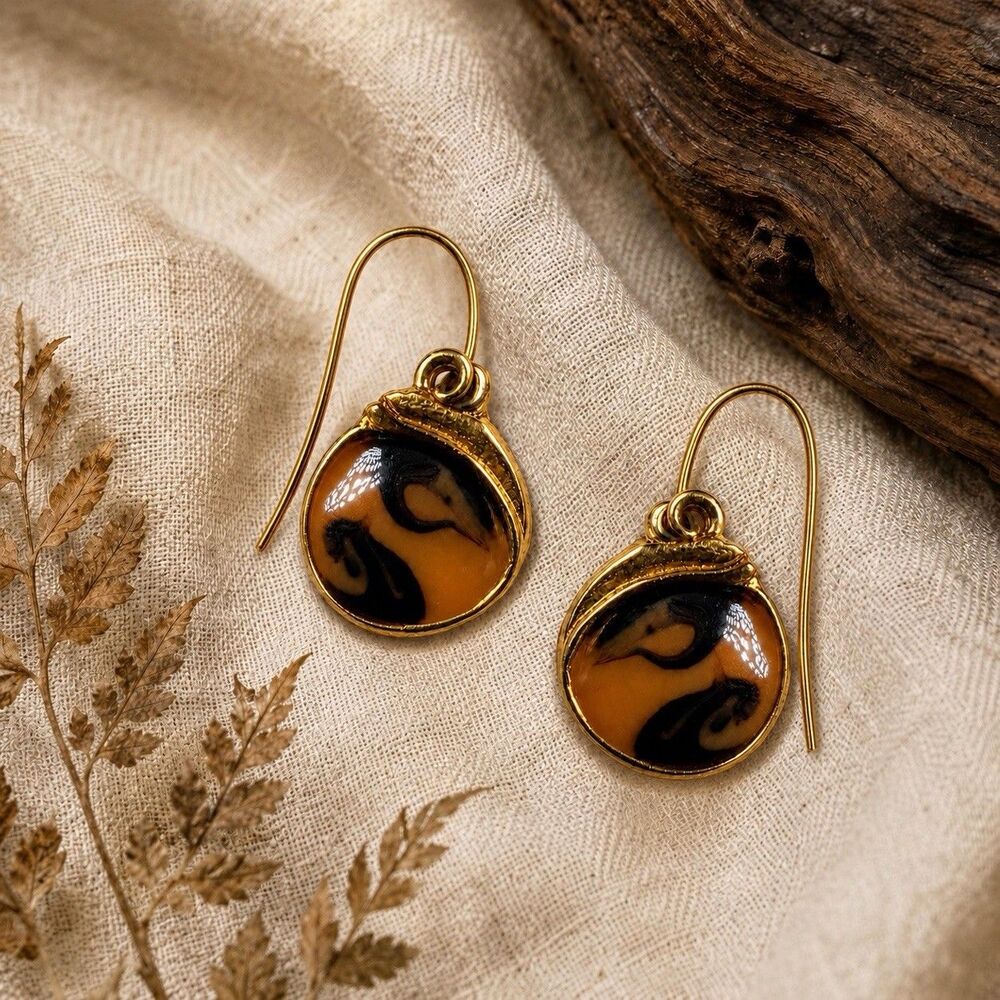 Vintage 1990s Tortoiseshell Resin Dangle Earrings Gold Tone Boho